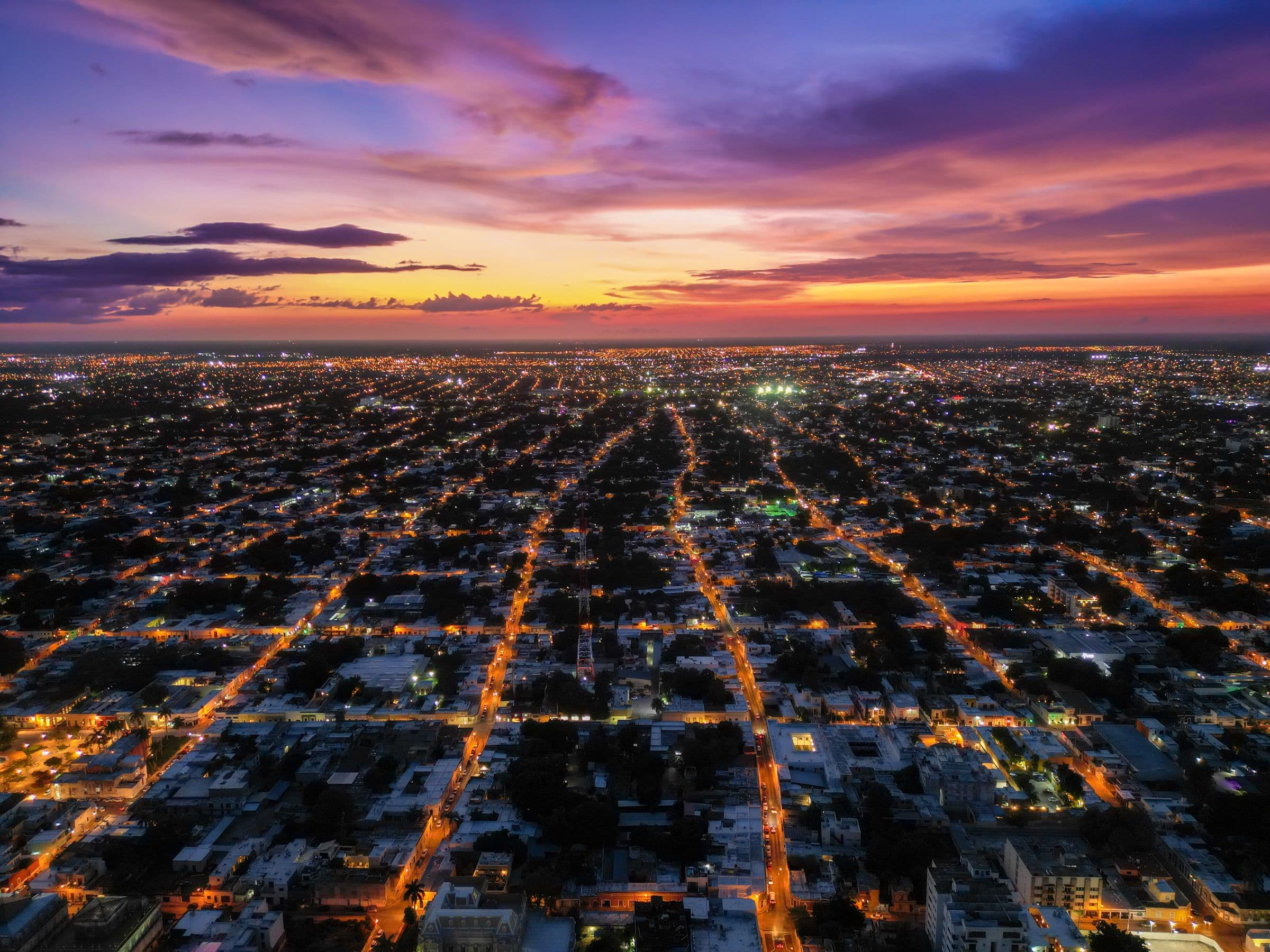 Vista aérea de Mérida, Yucatán, al atardecer